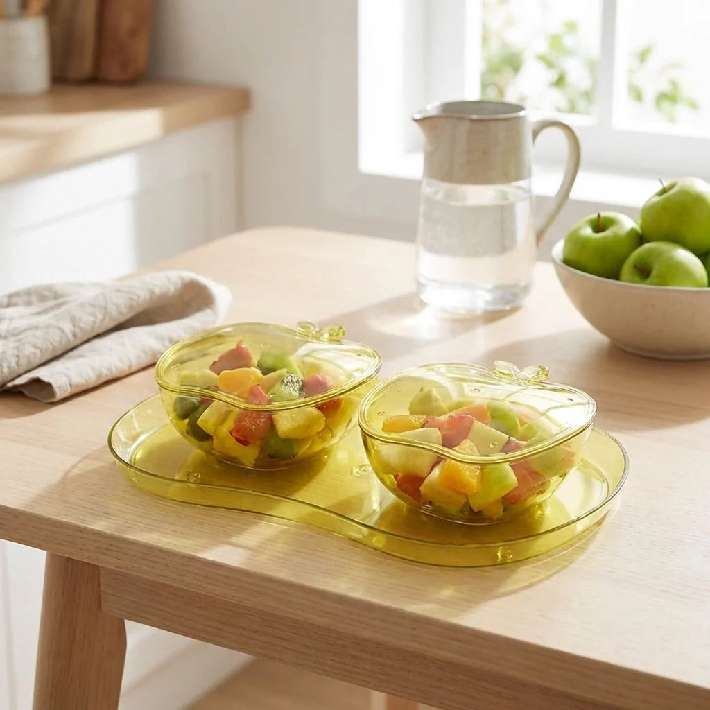 Apple-shaped snack tray with two bowls, filled with mixed fruit