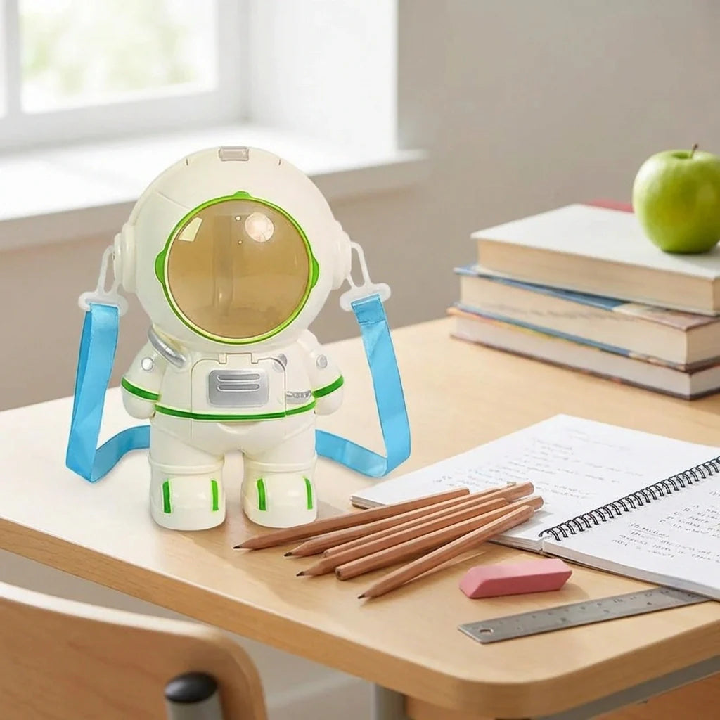 Astronaut-shaped water dispenser with green visor and blue side arms on desk