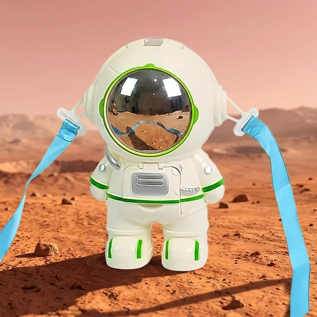 Astronaut-shaped water dispenser with green-trimmed visor and blue arms
