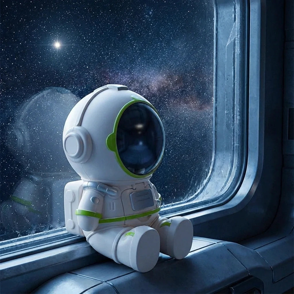 Astronaut-shaped water dispenser with dark visor and green accents inside space pod