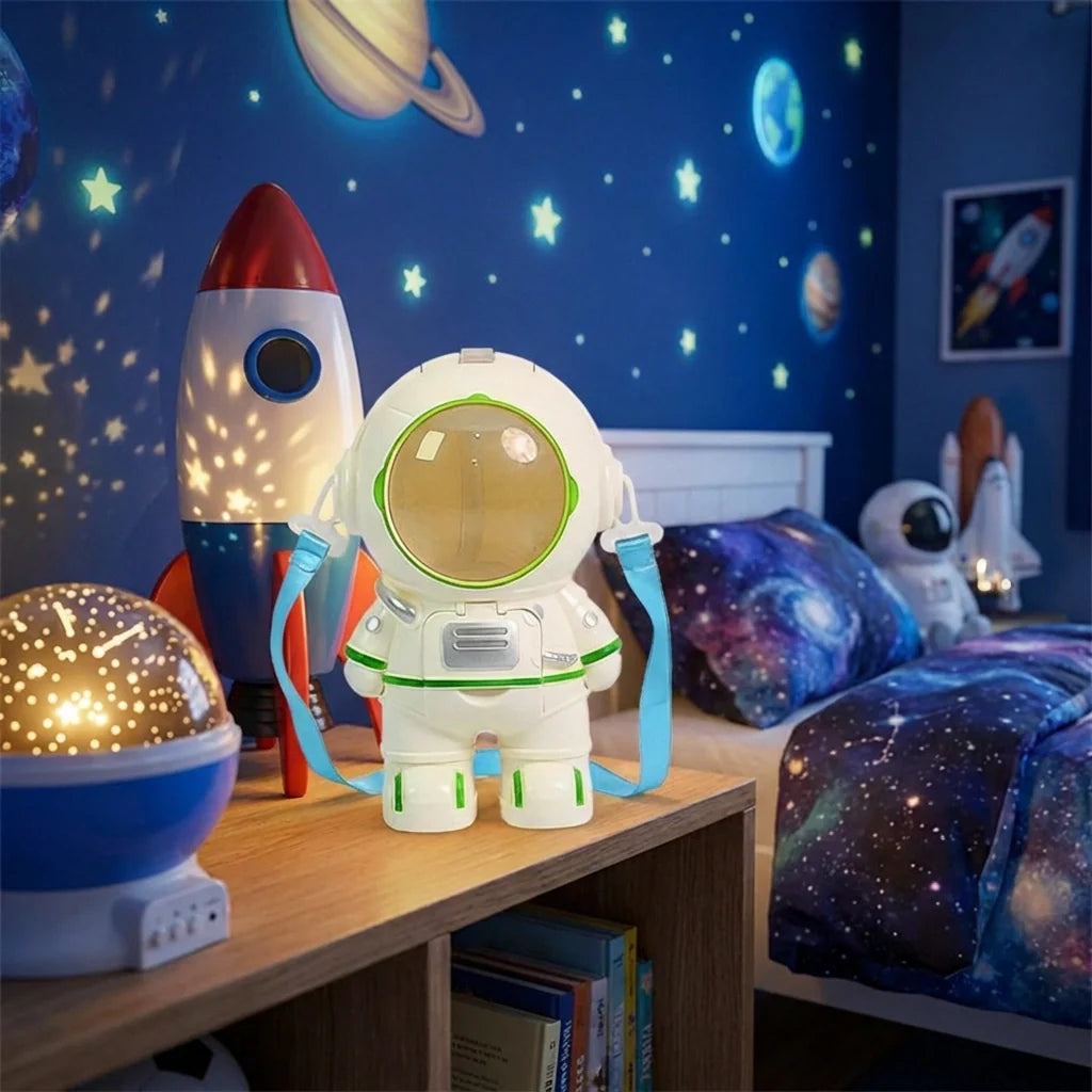 Astronaut-shaped water dispenser with blue hoses, green-trimmed visor, and white suit
