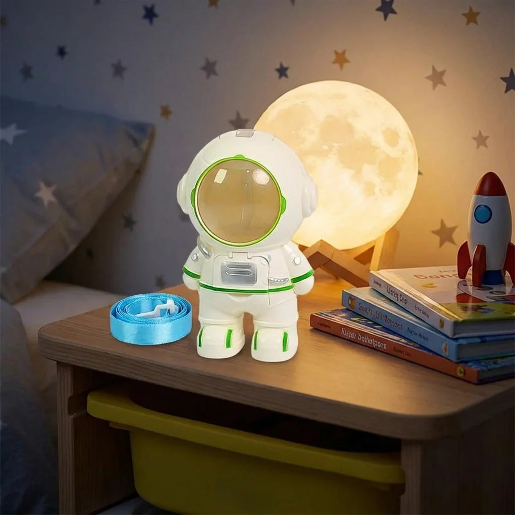 Astronaut-shaped water dispenser with green visor, white suit, and blue water hose