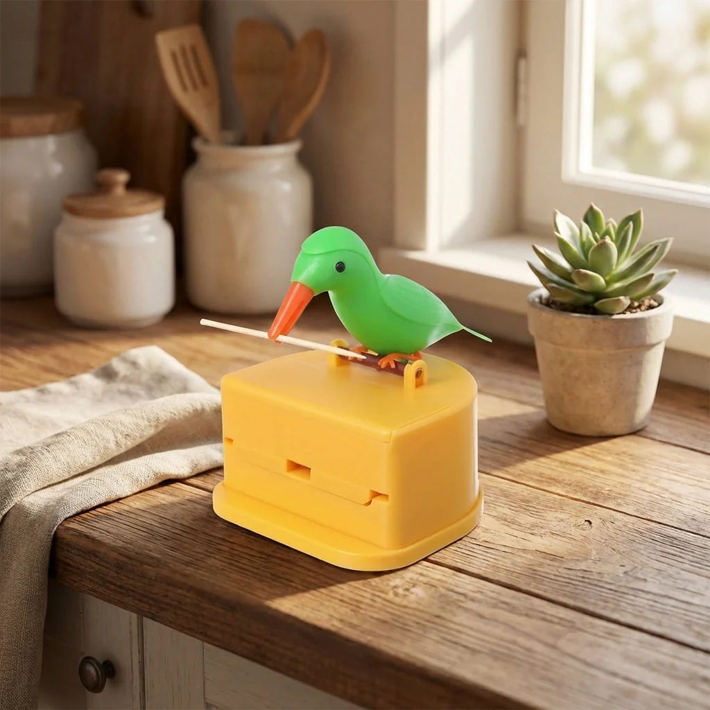 Yellow bird automatic toothpick dispenser with pull-out drawer and orange beak detail