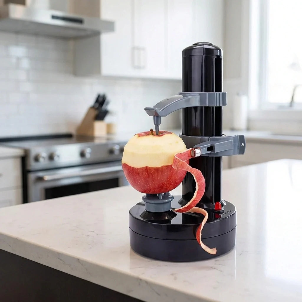 Automatic fruit peeler with blade arm mounted over a half melon on a base