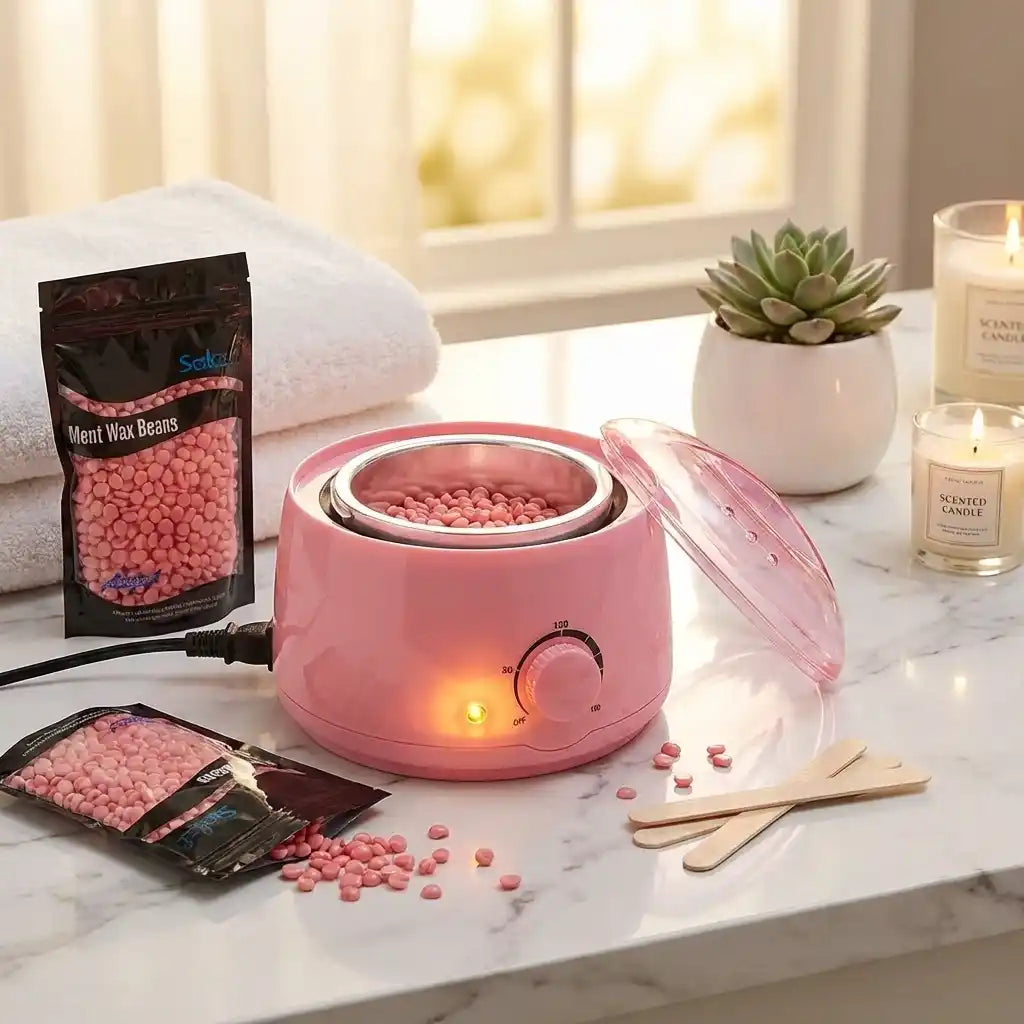 Automatic wax and oil heater with pink base, open top, and temperature dial