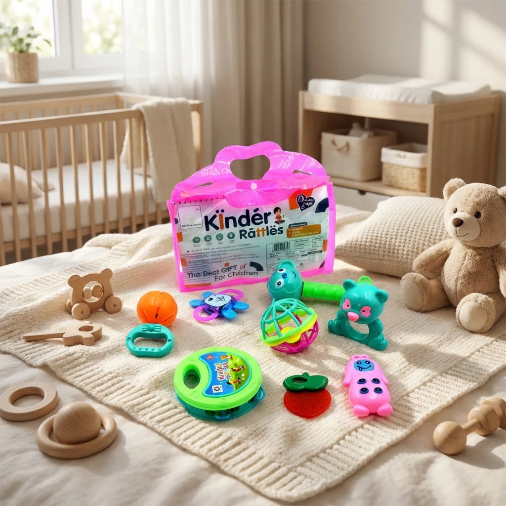 Baby rattle toy set: colorful rattles and teethers in a Kinder package