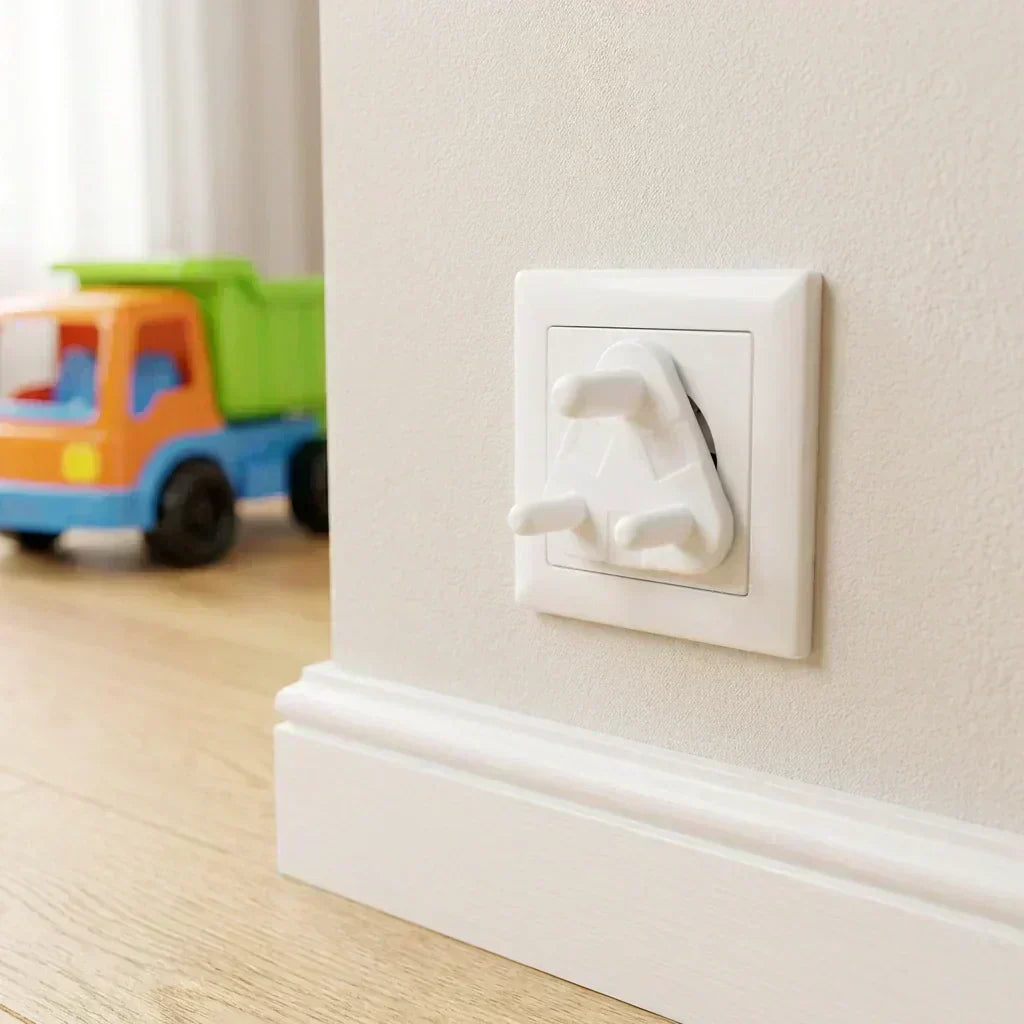 White baby socket cover in a wall outlet, child-safe guard over the prongs