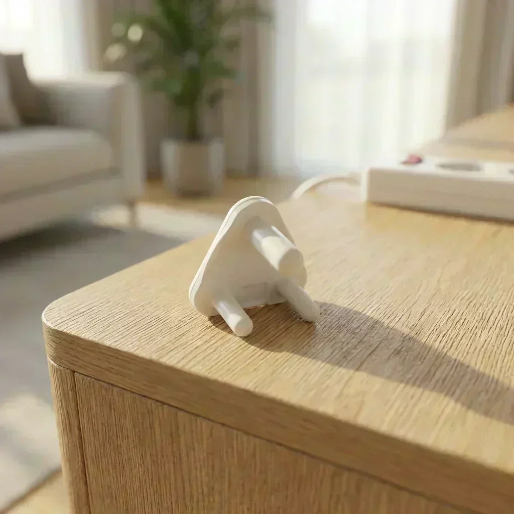 White baby socket cover with three-prong protective guard on tabletop edge