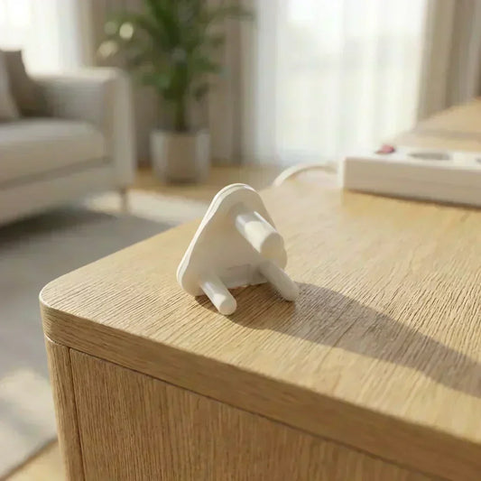 White baby socket cover with three-prong protective guard on tabletop edge