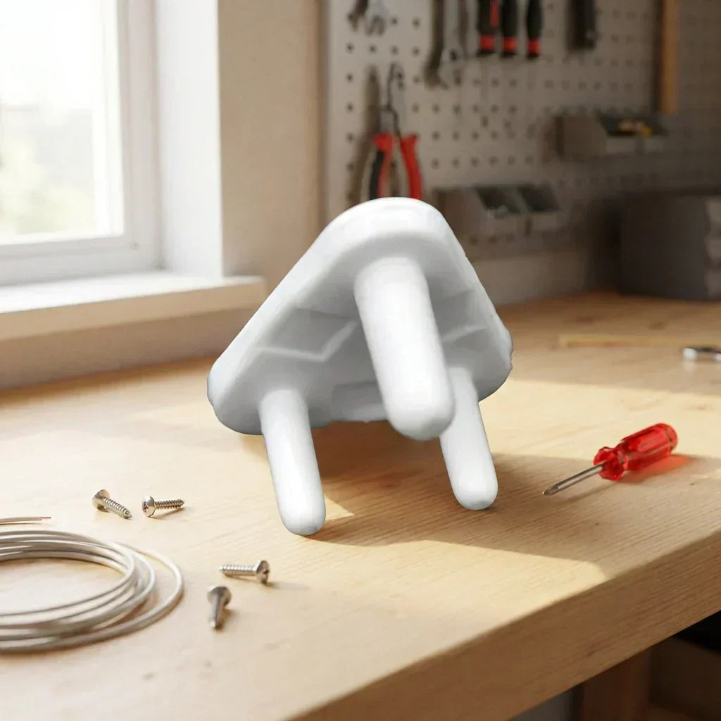 White baby socket cover with three-prong guard, detached and shown upright