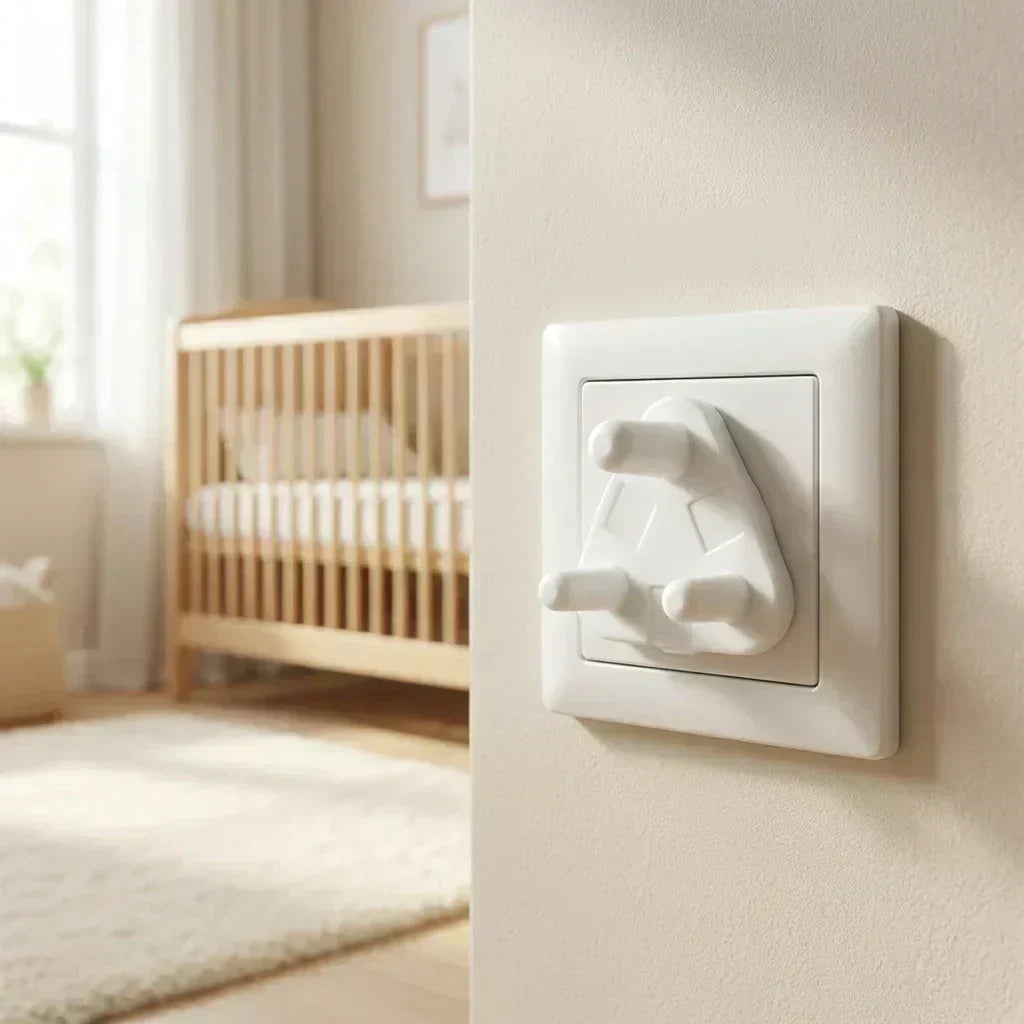 White baby socket cover in a wall outlet socket, shown close-up on wall