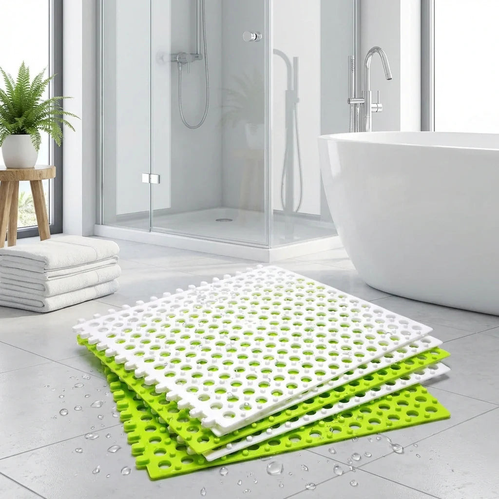 Bath anti slip mat set with white and bright green perforated surface