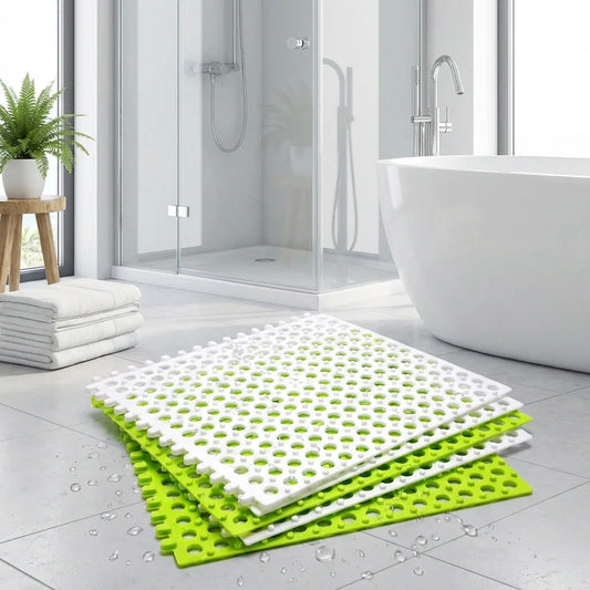Bath anti slip mat set with white and bright green perforated surface