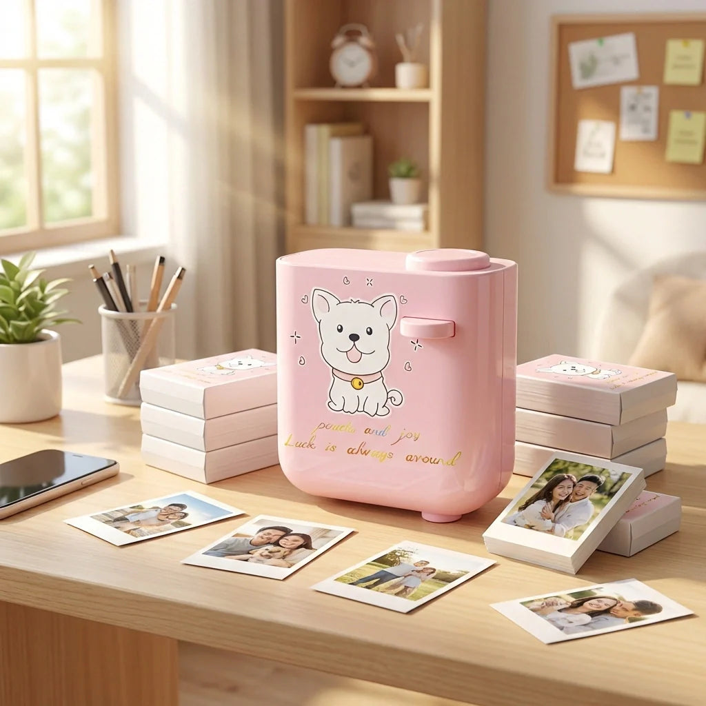 Pink birthday projector with bear illustration on cylindrical housing