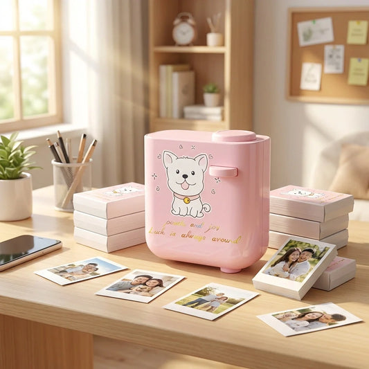 Pink birthday projector with bear illustration on cylindrical housing
