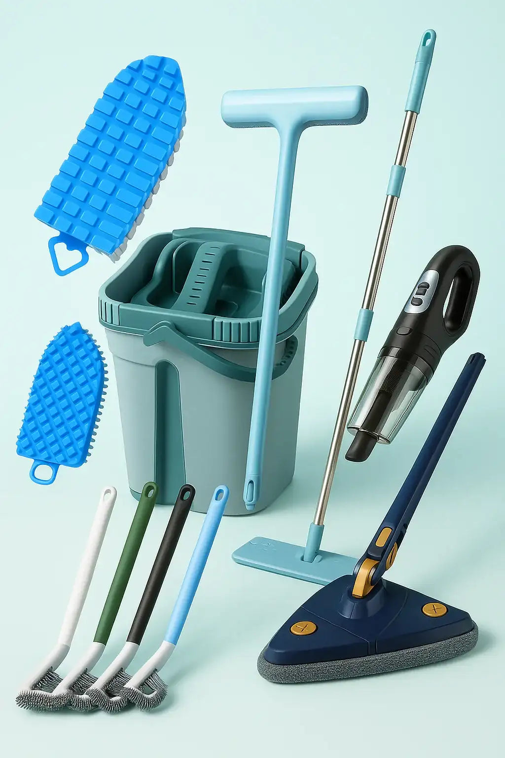 Blue bucket mop set with microfiber head and extendable handle, suitable for cleaning floors.