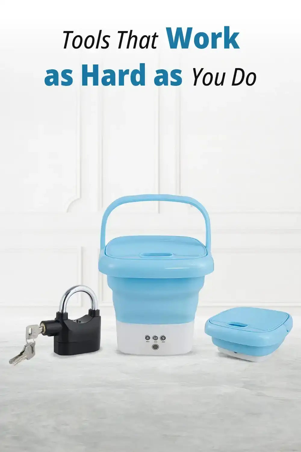 Blue and white portable water filter pitcher with a handle, compact design for easy storage.