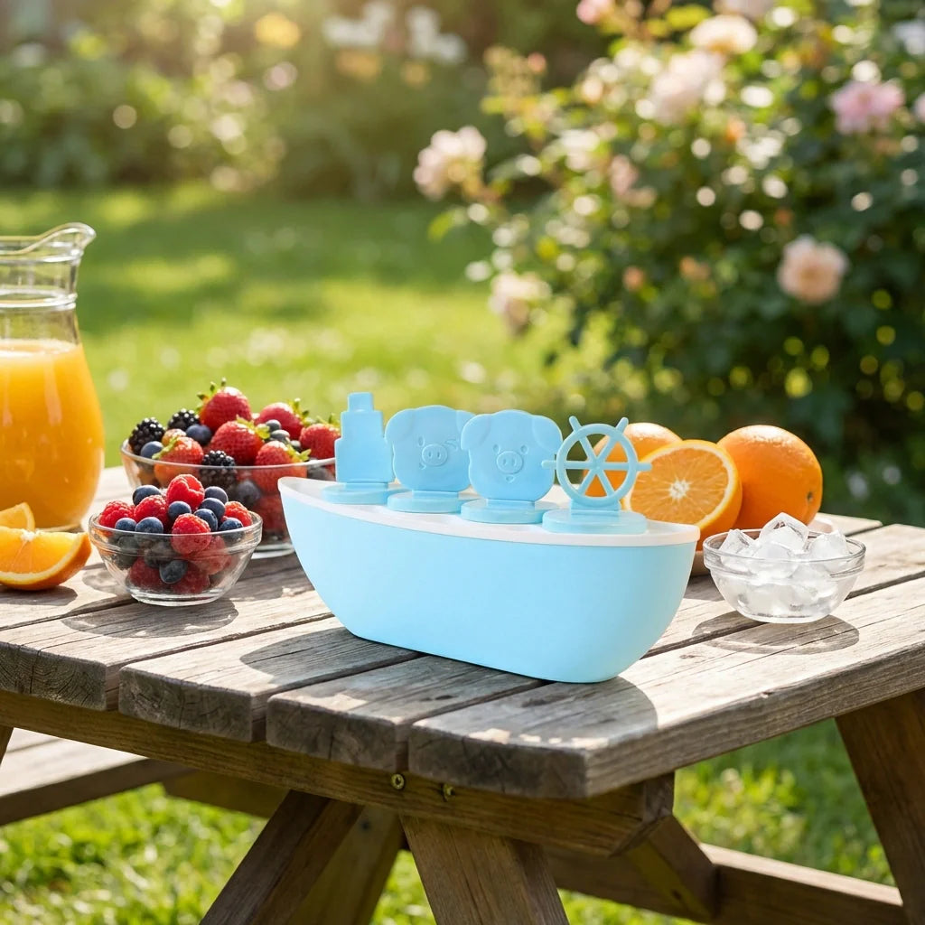 Blue boat-shaped ice cream mould set with miniature cup-shaped molds