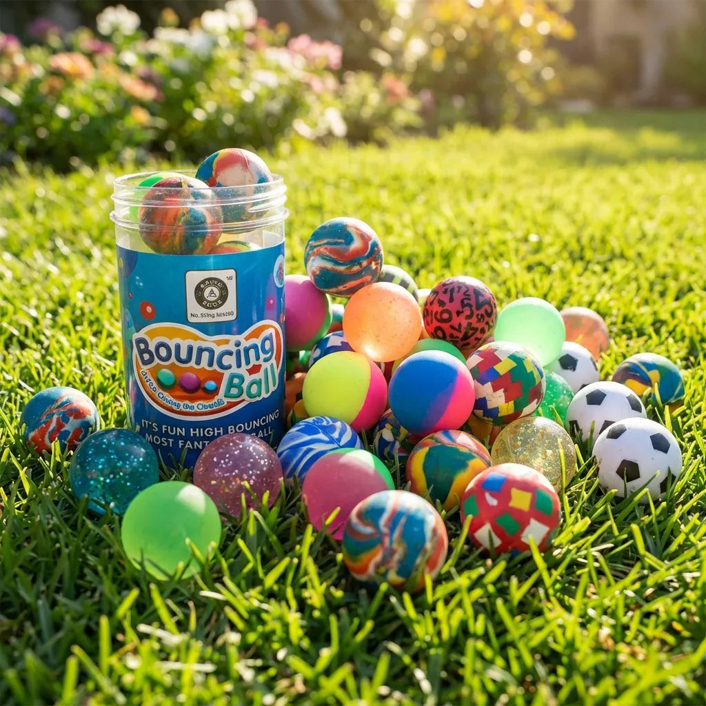 Colorful bouncing balls set with clear tube, soccer-style and patterned balls scattered