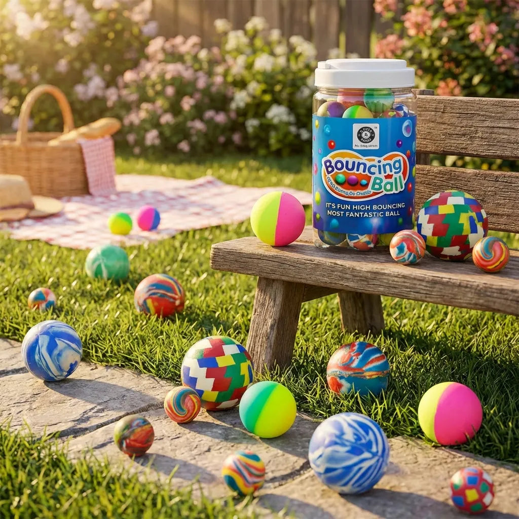 Colorful bouncing balls set with clear tube on wooden bench, multicolor balls on patio stone