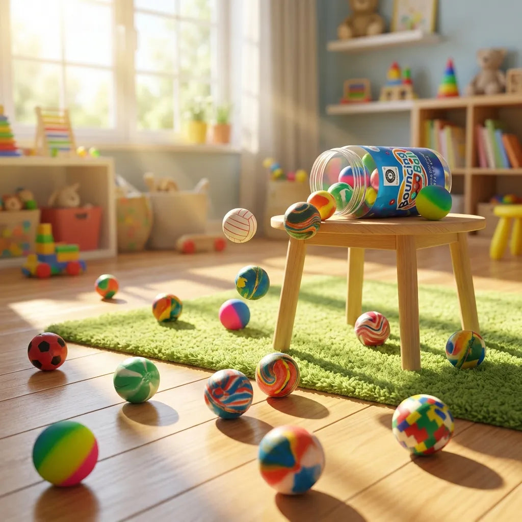 Colorful bouncing balls set with clear tube, multicolor balls around a small table indoors