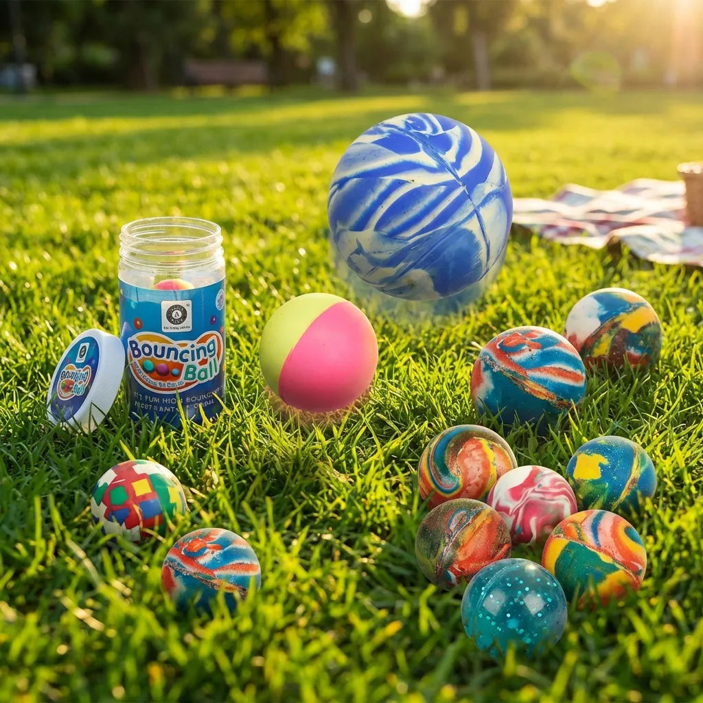 Colorful bouncing balls set with clear tube, large blue patterned and pink balls on grass