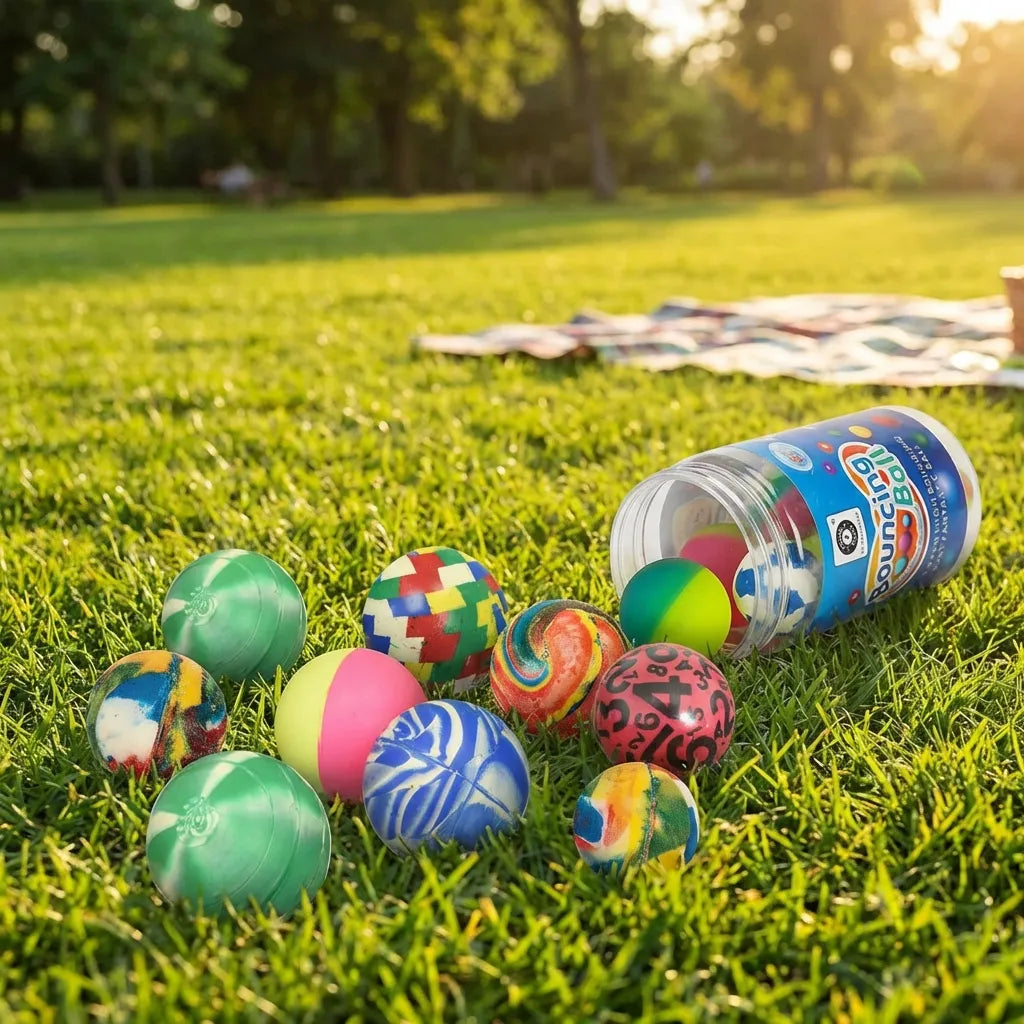 Colorful bouncing balls set with clear tube, multicolor round balls gathered on grass
