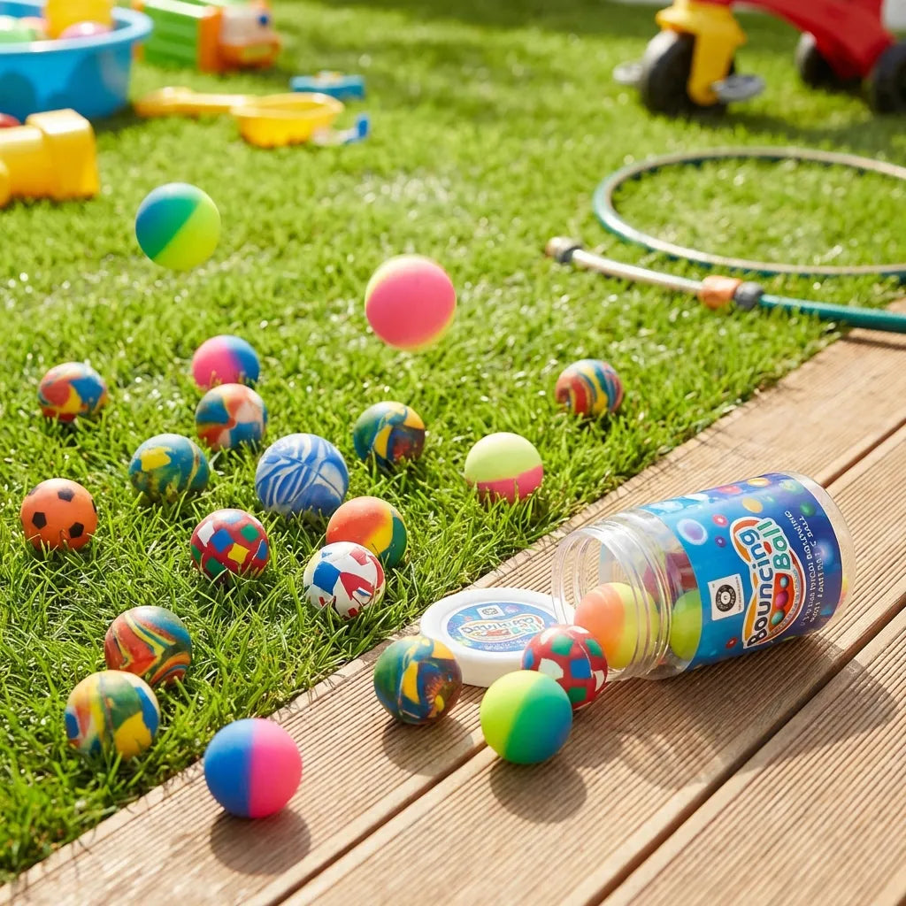 Colorful bouncing balls set, balls rolling past a wooden step with clear tube on grass