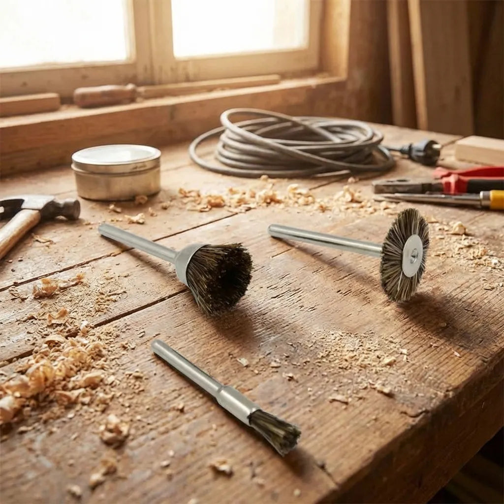 Brass wire brush set with three wire brushes on wooden surface