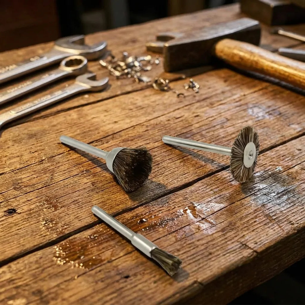 Brass wire brush set with round wire brush heads and metal shafts