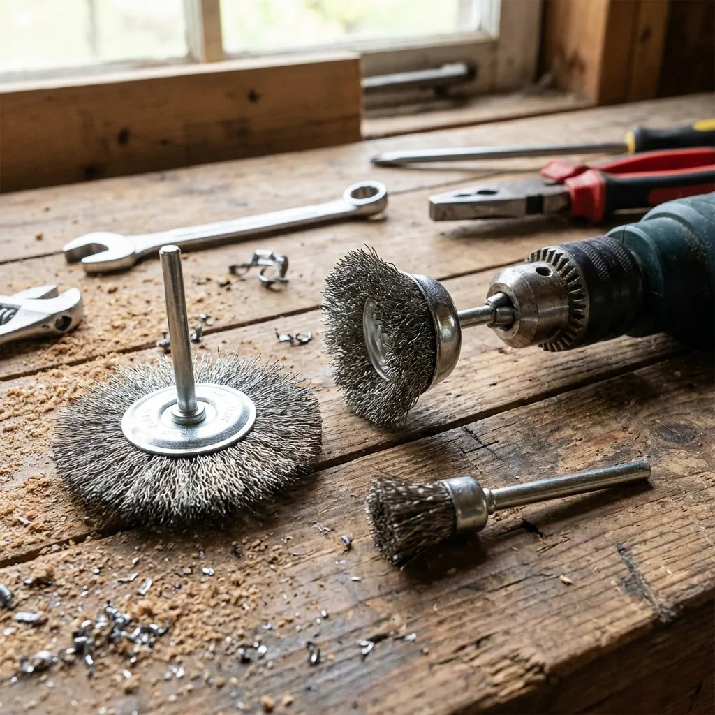 Brass wire brush set with circular wire brush wheels on rods