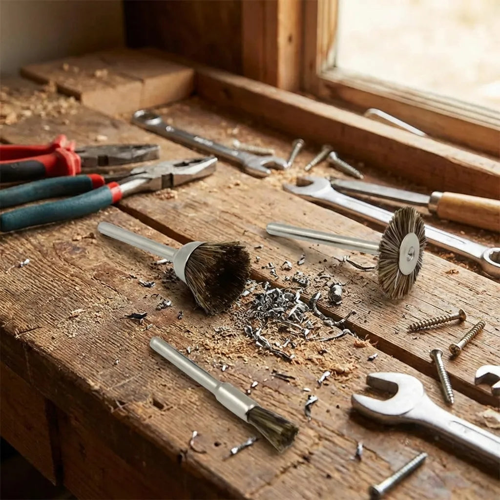Brass wire brush set with multiple wire brushes on wooden workbench