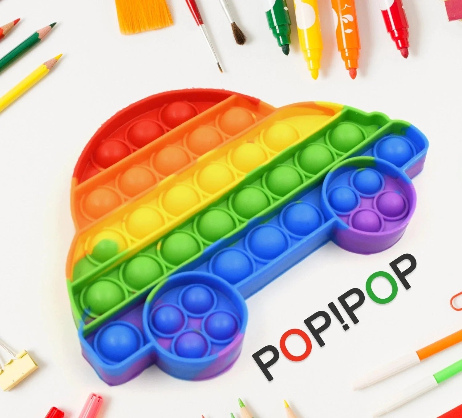 Colorful car-shaped pop fidget toy with circular push bubbles