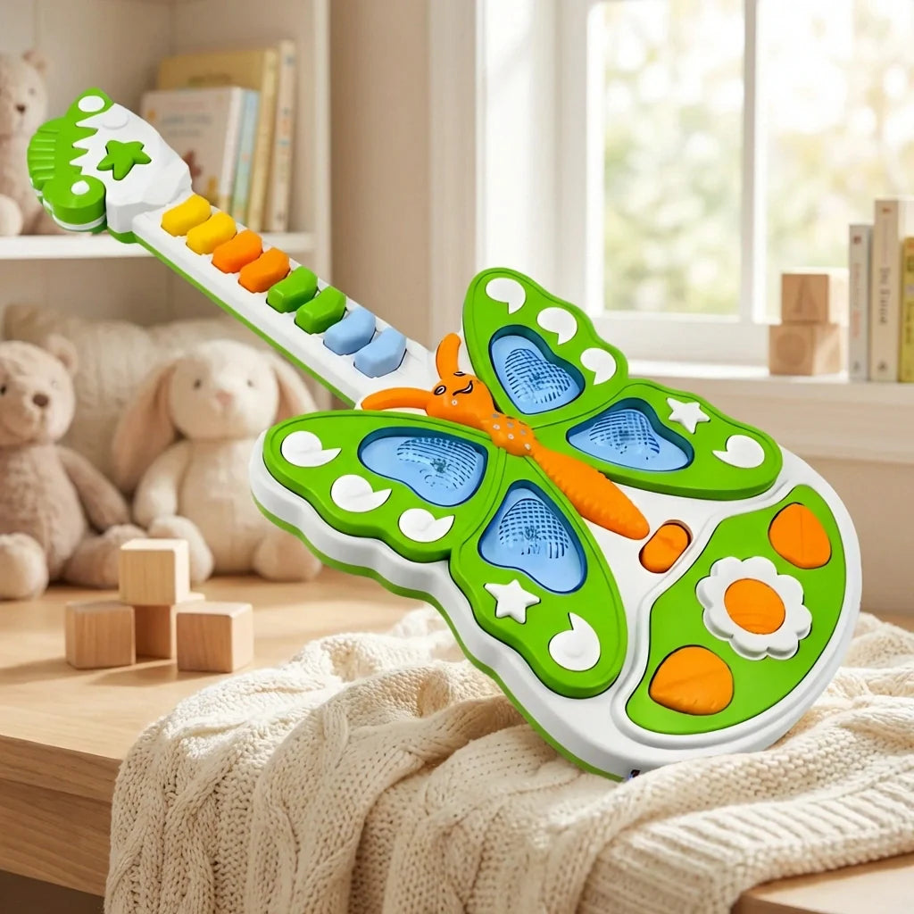 Musical toy guitar with green orange butterfly theme and colorful buttons