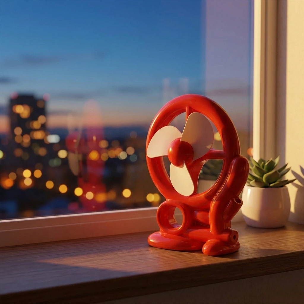 Cart-shaped mini fan with red housing, three white blades, and rounded base