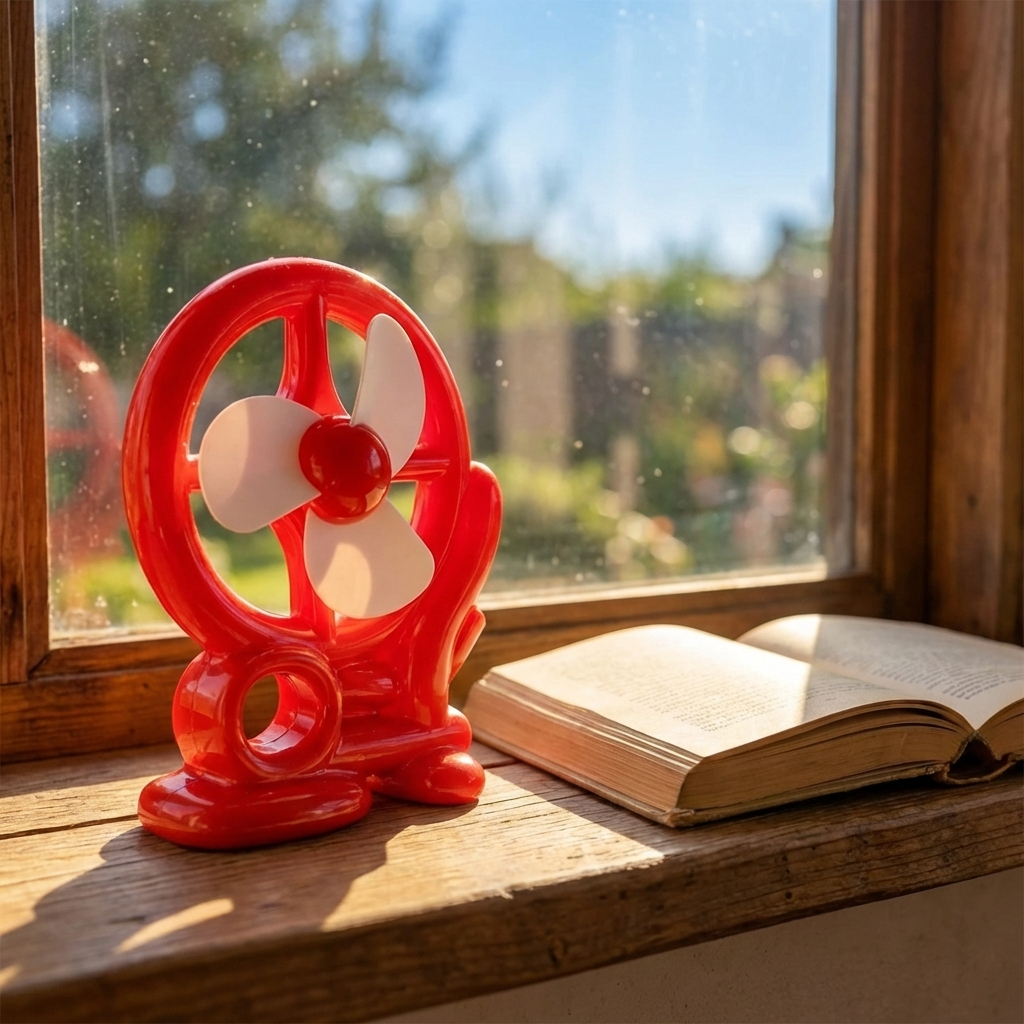 Red cart-shaped mini fan featuring three white fan blades on a compact base