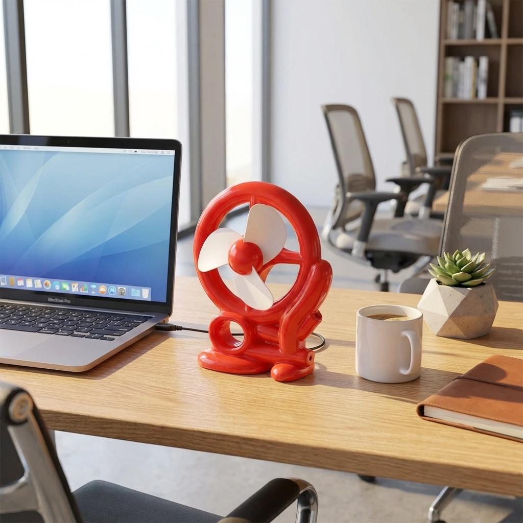 Cart-shaped red mini fan with three white blades and small oval power outlet