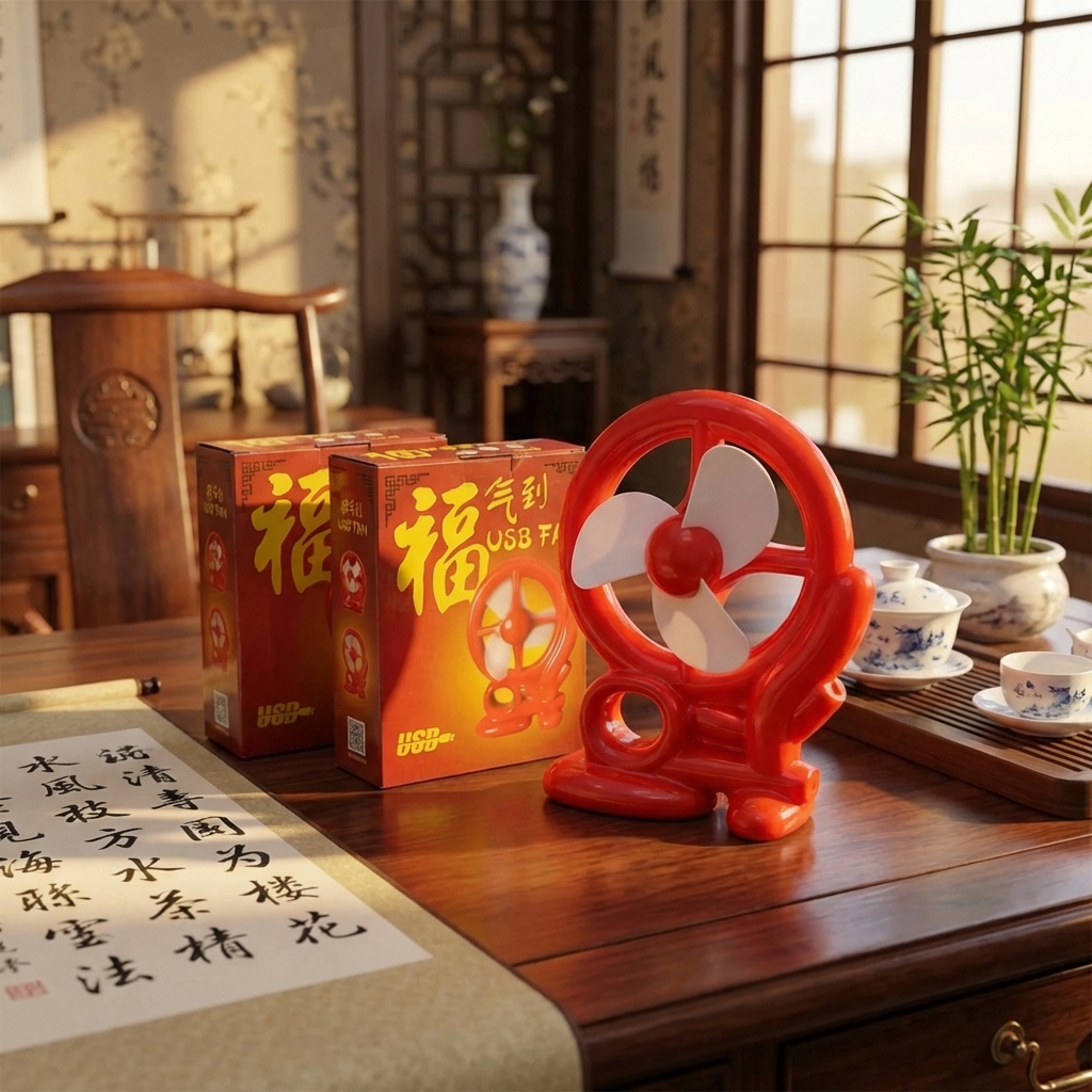 Red cart-shaped mini fan with three white blades and small side handle
