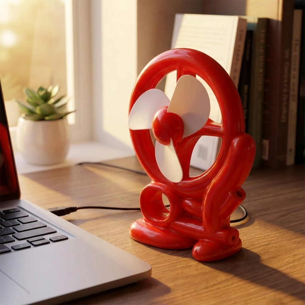 Red cart-shaped mini fan with three white blades and compact weighted base
