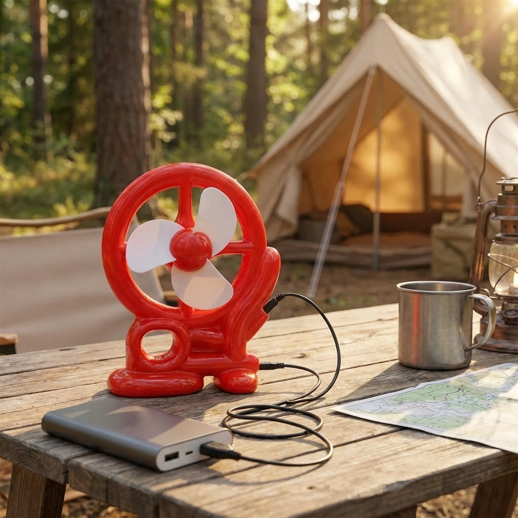 Cart-shaped mini fan in red with three white blades and wired power cable