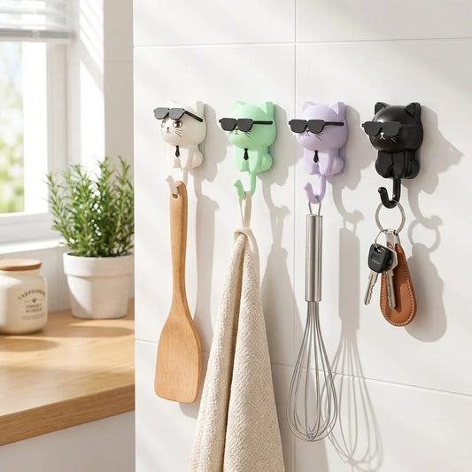 Cat wall hook set, multicolor cat heads with metal hooks and keyrings