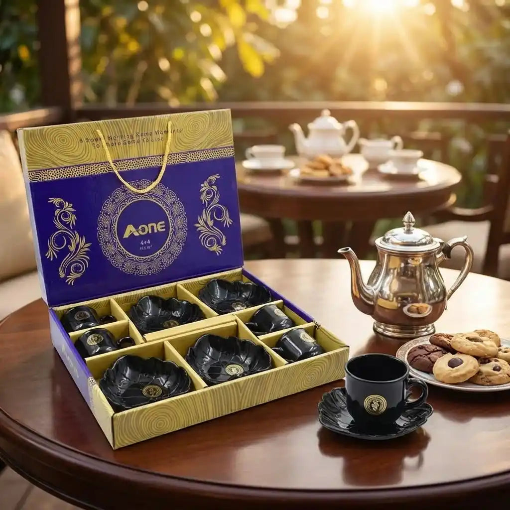 Purple gift box with black ceramic mugs and gold crest, with matching saucers