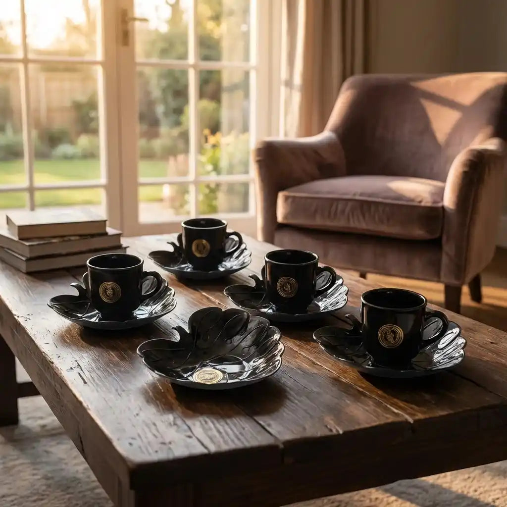 Ceramic mug set on tray: black cups with gold crest and saucers