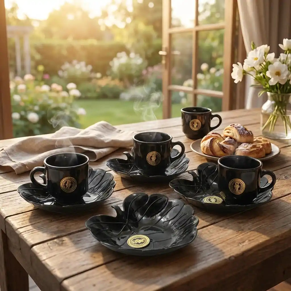 Black ceramic mug set with gold crest and saucers on wooden table
