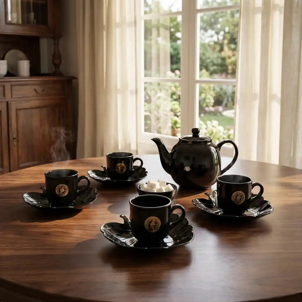 Black ceramic mugs with gold crest and saucers with black teapot on table