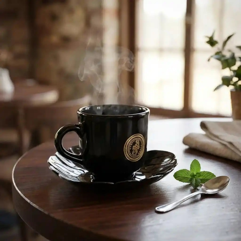 Black ceramic mug with gold crest on matching saucer, spoon beside