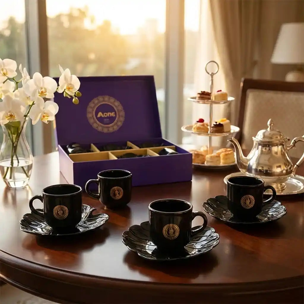 Open purple gift box with black ceramic mugs, gold crest, and matching saucers