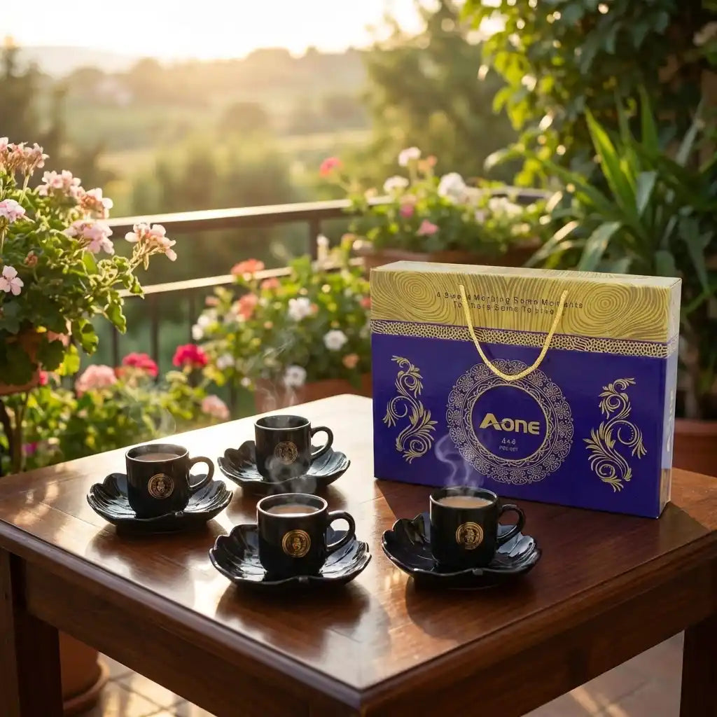 Ceramic mug set with purple gift box: black mugs with gold crest on saucers