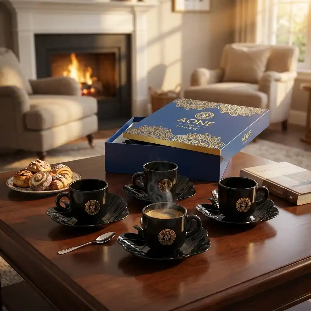 Black ceramic mugs with gold crest, set of cups and matching saucers