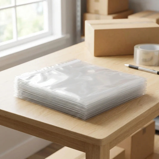 Clear cookie treat bags, flat transparent plastic sheets stacked